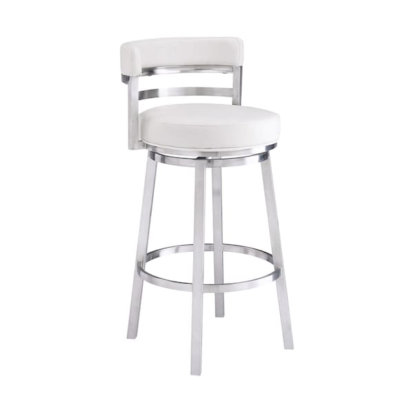 Armen Living Titana 30" Bar Height Swivel White Faux Leather and Brushed Stainless Steel Bar Stool 840254335080 - main